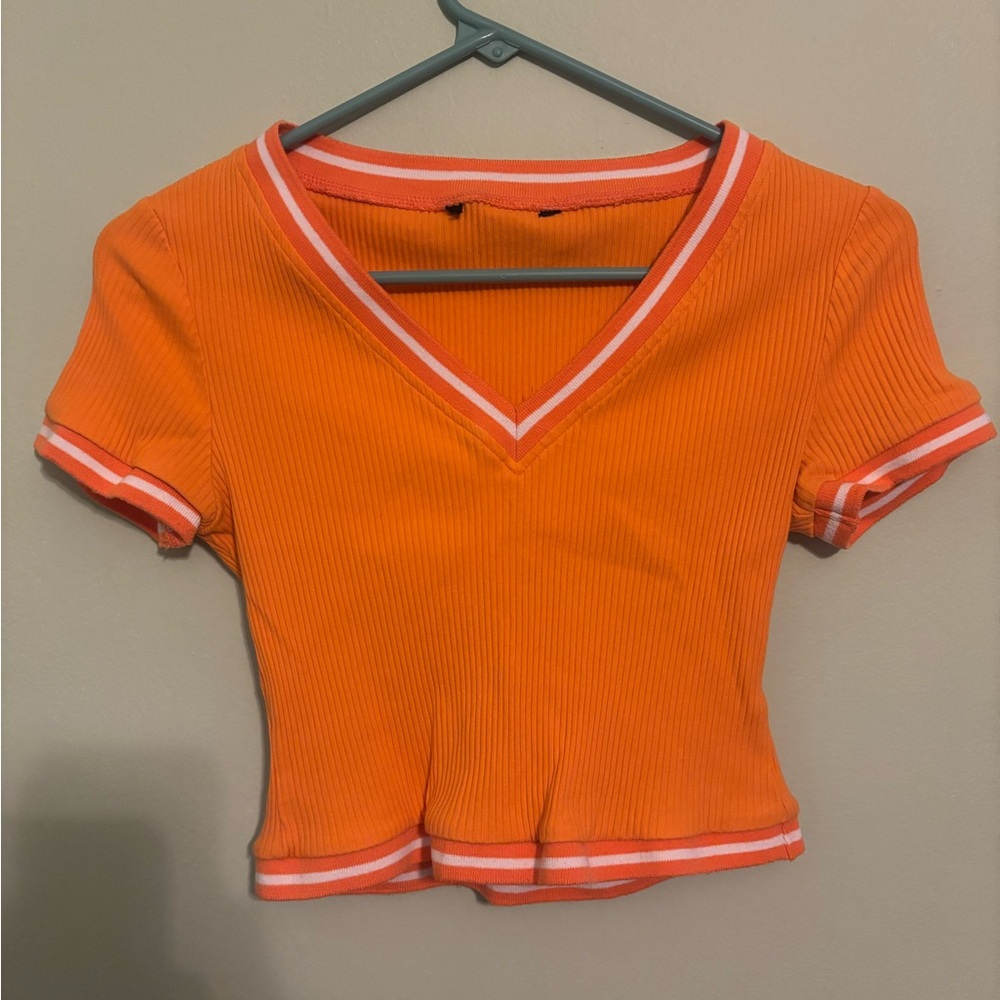 Orange V-Neck Ribbed Women's Top